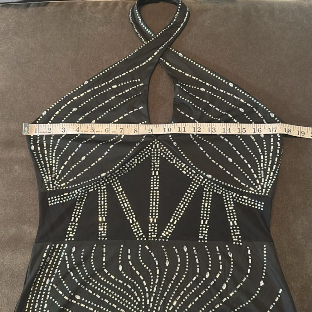 Black BodyCon Halter Neck Mini Party Dress Feather Hem Rhinestones Size M NEW - Picture 10 of 15